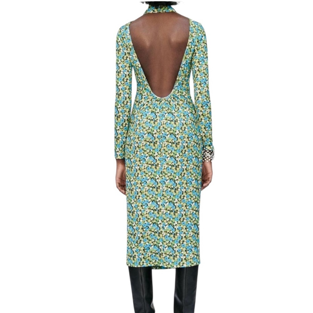 Zara green blue floral long-sleeve midi dress high neck Kentucky Derby Medium - Picture 2 of 14